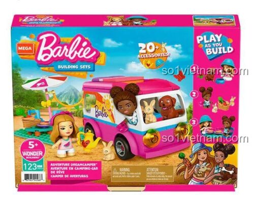 Hộp sản phẩm bộ đồ chơi Barbie Dream Camper GWR35 Mega Bloks cho bé gái 5 tuổi, 123 chi tiết, có nhiều phụ kiện