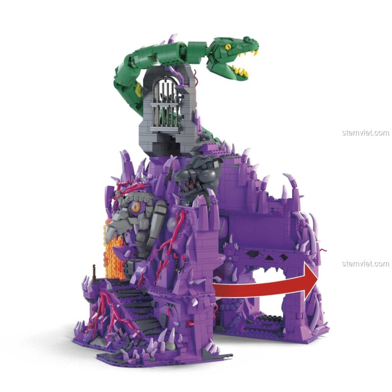 Sơ đồ tính năng đóng mở của Pháo đài Núi Rắn Mega Bloks, giúp thay đổi cách trưng bày.