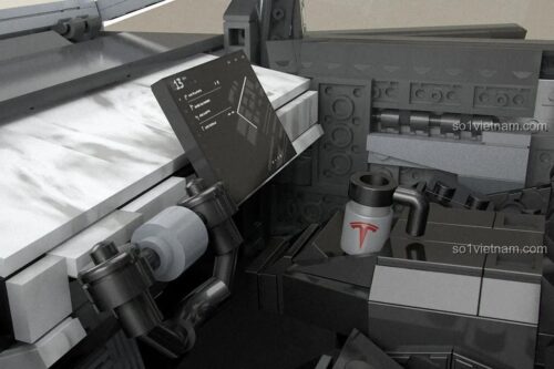 Nội thất chi tiết của mô hình Tesla Cybertruck Mega Bloks GWW84, bao gồm màn hình hiển thị và các chi tiết nhỏ
