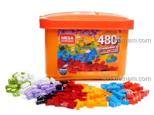 Hộp đồ chơi lắp ghép Mega Construx GJD23 480 chi tiết được mở ra với các mảnh ghép