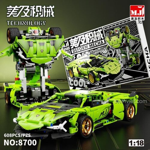 Đồ chơi lắp ráp Robot biến hình và Siêu xe Lamborghini Xanh Mei Ji, thể hiện khả năng biến hình 2 trong 1, phù hợp con trai 12 tuổi.