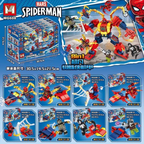 Bộ lắp ráp Mecha Người Nhện MG MG608 với 8 minifigures, lắp được 9 kiểu khác nhau, đồ chơi cho bé trai 6 tuổi giá rẻ.
