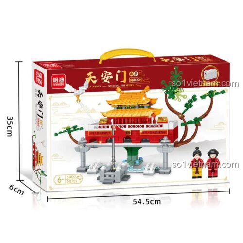Hộp đồ chơi mô hình Thiên An Môn Mingdi 58027, thể hiện kích thước sản phẩm, giá rẻ cho bé 6 tuổi.