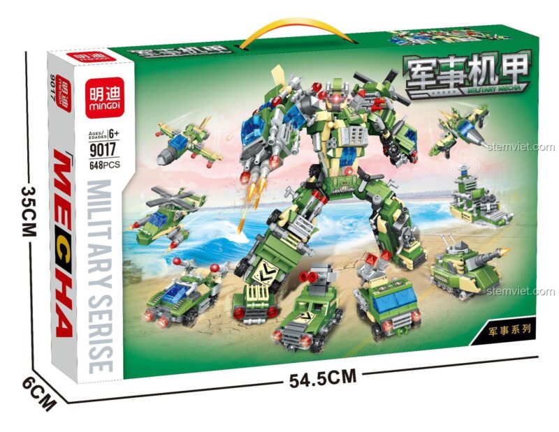 Hộp đồ chơi mô hình Mecha Chiến Đấu Mingdi 9017. Kích thước hộp 54.5x35x6cm, gồm 648 chi tiết.