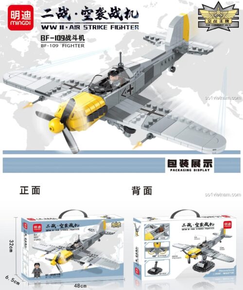 Đồ chơi lắp ráp minGDi 9037 Máy bay tiêm kích BF-109, hộp sản phẩm có kích thước rõ ràng, phù hợp bé trai 6 tuổi