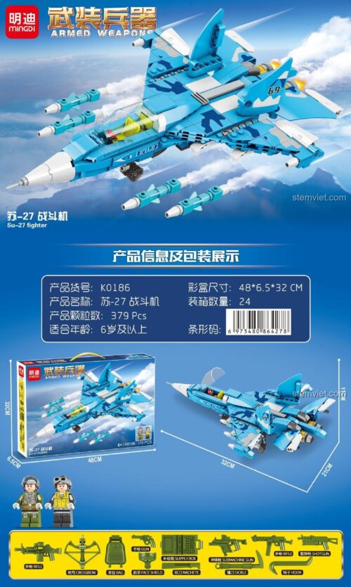 MINGDI K0186 Su-27 Fighter bộ đồ chơi máy bay chiến đấu màu xanh dương
