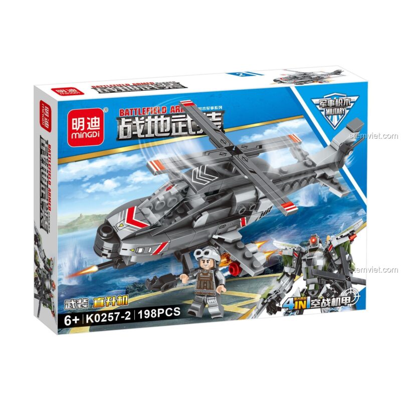 Hộp đồ chơi lắp ráp Mingdi K0257-2 trực thăng chiến đấu màu xám với minifigure phi công