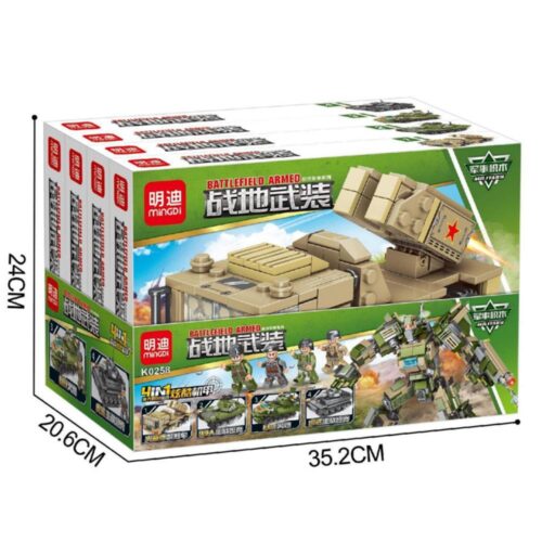 Hộp bộ lắp ráp Cơ Giáp Quân Sự Mingdi K0258 với kích thước 35.2x20.6x24cm, phù hợp cho bé trai 6 tuổi yêu thích đồ chơi quân sự giá tốt.
