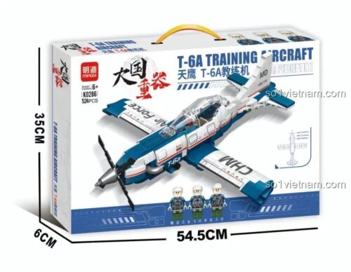 hộp sản phẩm bộ xếp hình MingDi K0286, đồ chơi lắp ráp MingDi, kích thước hộp 54.5x35x6 cm, mô hình máy bay quân sự cho bé trai 6 tuổi, giá rẻ