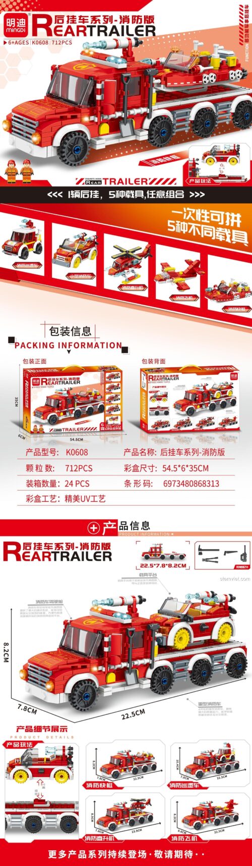 Mô hình Xe Cứu Hỏa Đa Năng Kèm Rơ Moóc Mingdi K0608 với 712 chi tiết, thể hiện khả năng lắp ráp 6 kiểu xe khác nhau, phù hợp cho bé trai 6 tuổi.