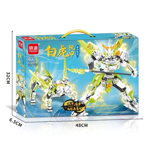 Hộp sản phẩm bộ lắp ráp Robot Bạch Hổ MINGDI K0934, đồ chơi mô hình cho bé trai 6 tuổi, giá rẻ. Hộp màu xanh dương có hình ảnh robot và hổ trắng.