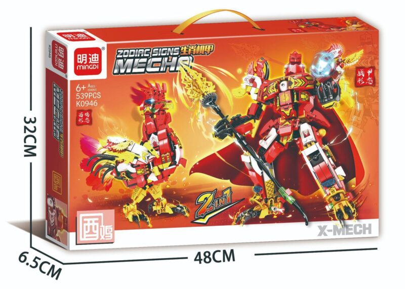 Hộp sản phẩm bộ lắp ráp Robot Gà Trống Mingdi K0946, hiển thị 2 mô hình robot và gà trống dũng mãnh, phù hợp cho bé trai 6 tuổi.