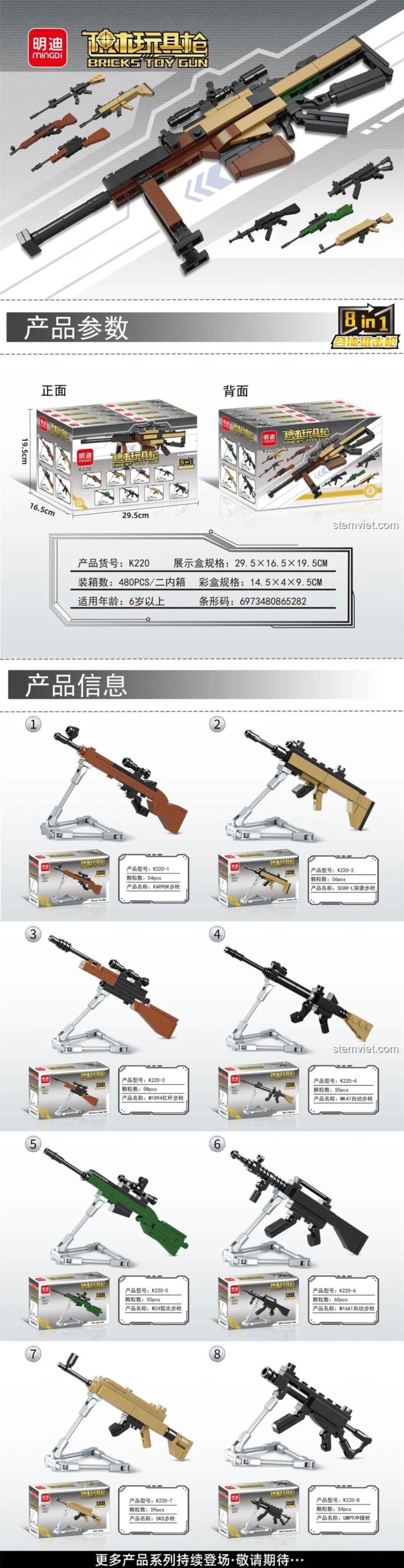 Thông số kỹ thuật và các mẫu súng lắp được của bộ lắp ghép Súng đồ chơi Mingdi K220, mô hình súng 8 trong 1 cho bé trai 6 tuổi.