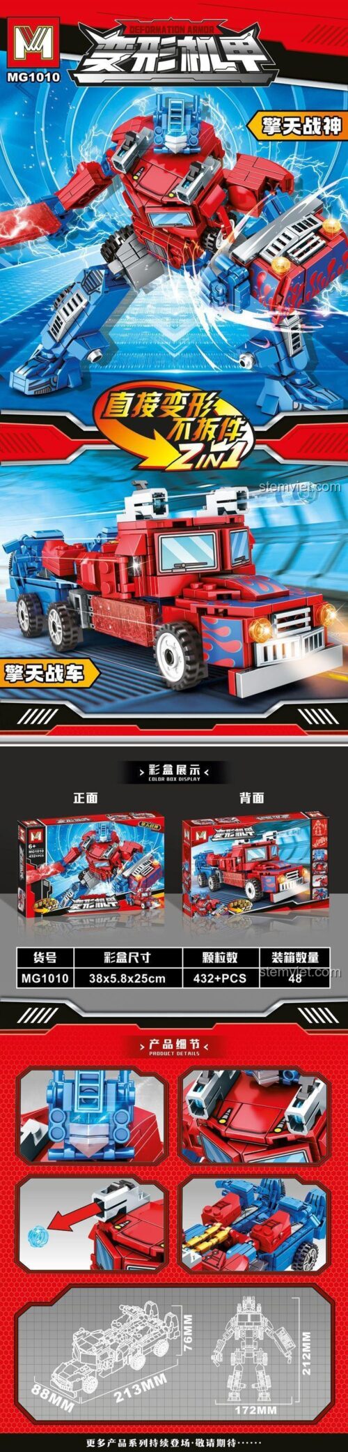 Chi tiết và kích thước bộ xếp hình Optimus Prime Mingge 1010, biến hình thành xe tải, chất lượng cao.