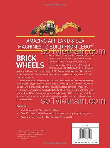 Mặt sau sách xây dựng mô hình LEGO® Brick Wheels Mitchell Beazley ISBN9781784720803, giới thiệu tính năng đặc biệt, hơn 30 phương tiện lớn và 30 dự án nhỏ, giá rẻ cho bé trai 8 tuổi.