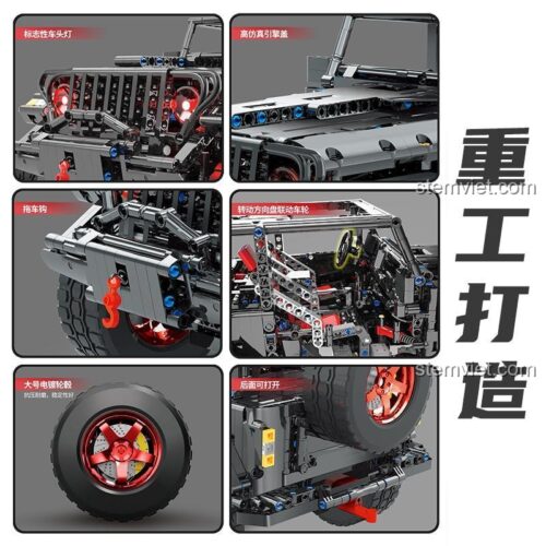 Đồ chơi mô hình MoTuan KY30027 Xe Jeep Wrangler Rubicon với các chi tiết mô phỏng cao: đèn pha, nắp capo mở, móc kéo, vô lăng liên kết bánh xe, bánh xe mạ điện lớn, cốp sau mở được.