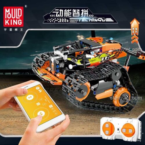 Xe Đua Bánh Xích Mould King 13037 điều khiển từ xa qua điện thoại và remote, mang lại trải nghiệm chơi tốc độ vượt trội cho bé trai 6 tuổi.