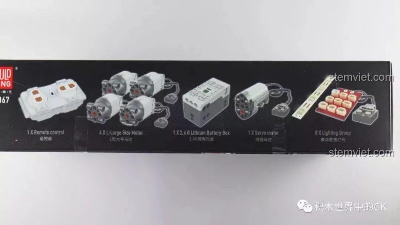Các phụ kiện điện tử đi kèm Siêu xe Icarus Mould King, bao gồm 4 động cơ L-Size, pin Lithium 2.4G, động cơ servo và bộ đèn LED 8X.