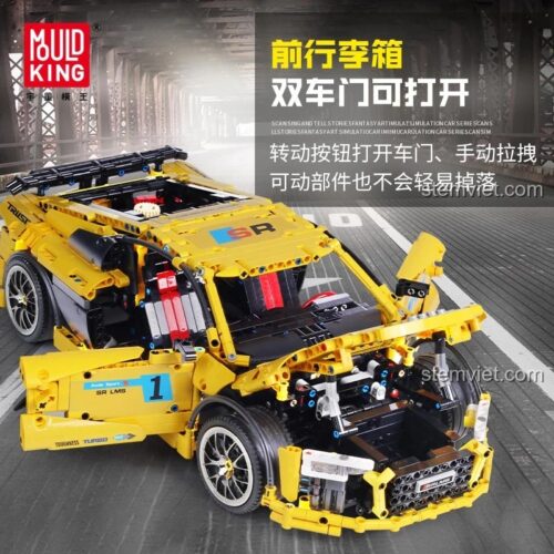 Chi tiết đồ chơi mô hình Xe đua Audi R8 V10 13127 với cốp trước và cửa xe đang mở, lộ ra kết cấu cơ khí phức tạp bên trong.
