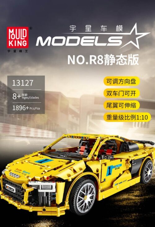 Poster quảng cáo bộ lắp ráp Siêu xe Audi R8 V10 Mould King 13127 màu vàng, với 1896 chi tiết, dành cho bé trai 8 tuổi trở lên, giá rẻ.