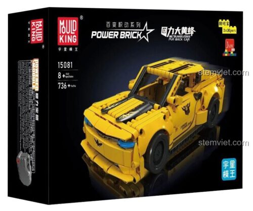 Hộp sản phẩm đồ chơi mô hình Mould King 15081 Xe Bumblebee, thể hiện rõ số chi tiết 736 và độ tuổi 8+. Lựa chọn thay thế tiết kiệm cho LEGO®.