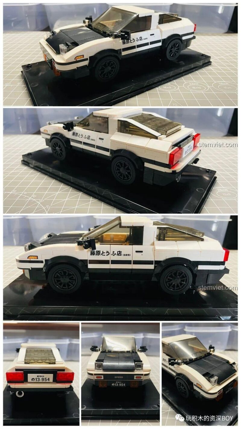 Mô hình xe Toyota AE86 Mould King 27013 sau khi hoàn thiện, được đặt trên đế trưng bày đi kèm, sẵn sàng để trong hộp acrylic.