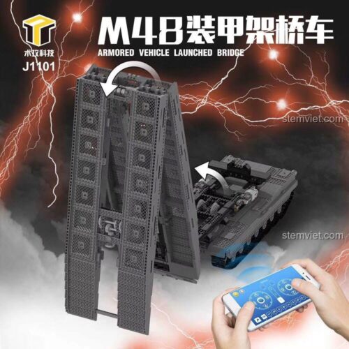 Xe Tăng Bắc Cầu M48 Mould King, bộ lắp ráp Xe Tăng Quân Sự Điều Khiển Từ Xa J1101, thể hiện tính năng bắc cầu tự động, điều khiển từ xa, cho bé trai 14 tuổi phát triển tư duy.