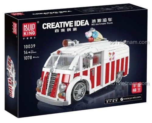 Hộp sản phẩm MouldKing 10039 Xe Kem - Mô hình xe tải bán kem màu trắng đỏ, chi tiết cao, có các chi tiết trang trí hình kem ngộ nghĩnh, bánh xe quay được, cửa mở được, ngăn đông lạnh mở được, 1078 mảnh ghép, độ tuổi 14+