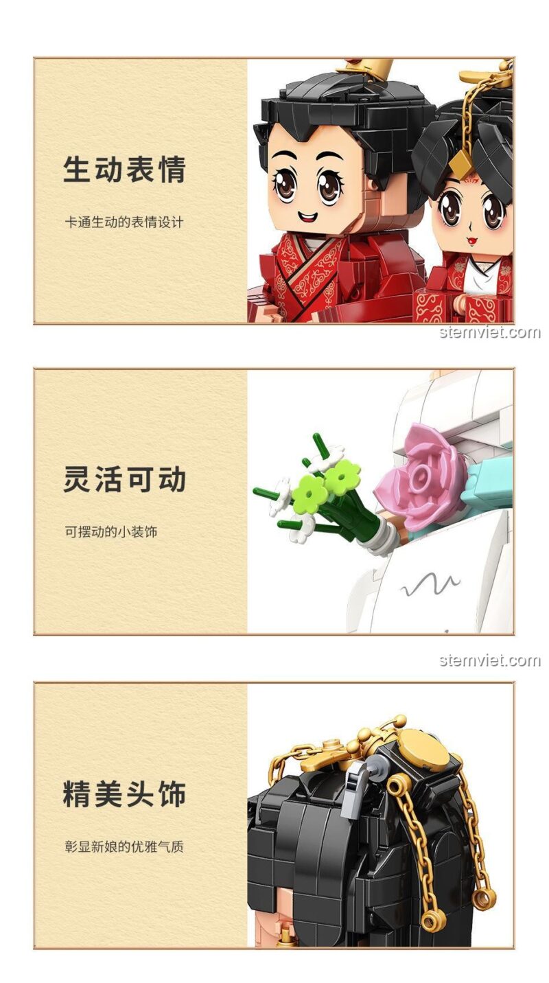 MY 83016 Mô hình đám cưới, thể hiện các tính năng nổi bật như biểu cảm sống động, phụ kiện linh hoạt, trang sức đầu tinh xảo, đồ chơi chất lượng cao cho bé 6 tuổi.