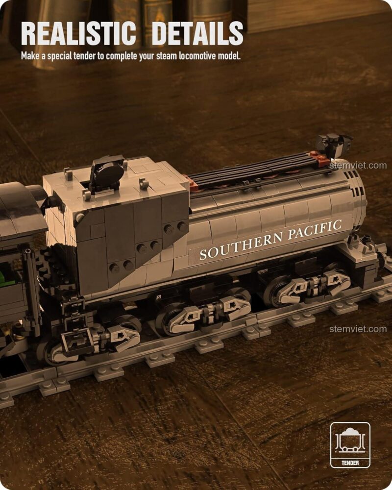 Toa than chi tiết của bộ xếp hình Tàu Hơi Nước Southern Pacific, đồ chơi mô hình Xe Lửa Hơi Nước với 1136 mảnh ghép, chất lượng đảm bảo