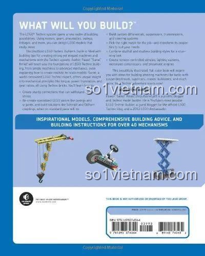 Cẩm nang LEGO Technic No Starch Press ISBN9781593274344, bìa sau mô tả hơn 40 cơ chế, tài liệu xây dựng LEGO Technic phát triển kỹ năng cho con trai 12 tuổi