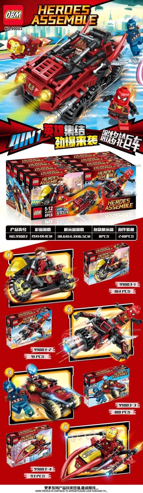 Đồ chơi mô hình Xe Marvel OBM 99003 chi tiết 4 kiểu xe và 4 minifigures Captain America, Iron Man, Spider-Man, giúp bé trai 5-12 tuổi sáng tạo.