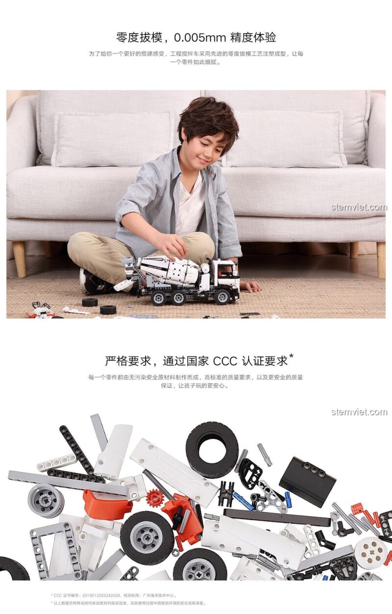 Trưng bày xe trộn bê tông ONEBOT 001203, bộ lắp ráp xe công trình 958 chi tiết, đồ chơi xây dựng cao cấp, giá đáng tiền.