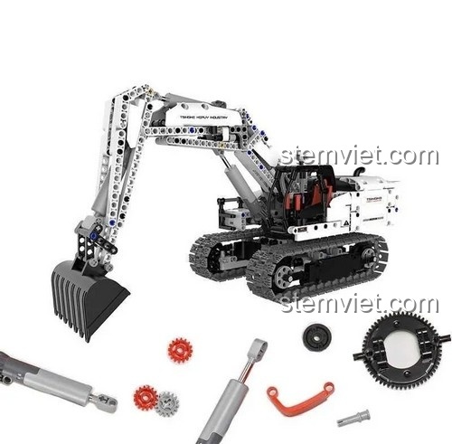 Toàn cảnh đồ chơi mô hình Xe xúc đất ONEBOT GCWJJ01IQI cùng các chi tiết Technic rời như bánh răng, piston. Món quà giáo dục cho bé trai 8 tuổi.