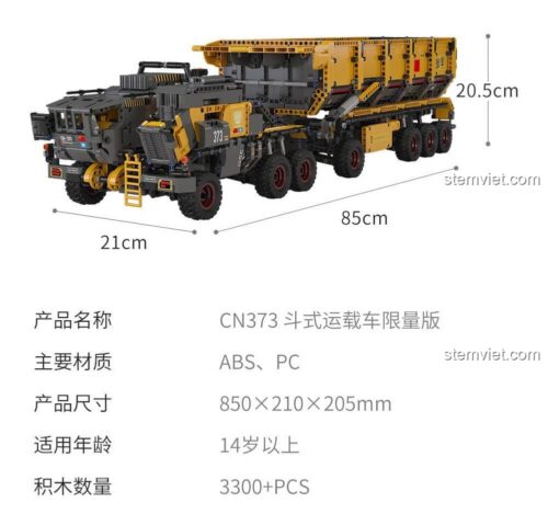 Kích thước chi tiết của bộ lắp ráp Xe Vận Tải Gầu CN373 ONEBOT OBLDQ15AIQI, mô hình xe công trình lớn 85cm, phù hợp bé trai 14 tuổi, chất lượng đảm bảo.