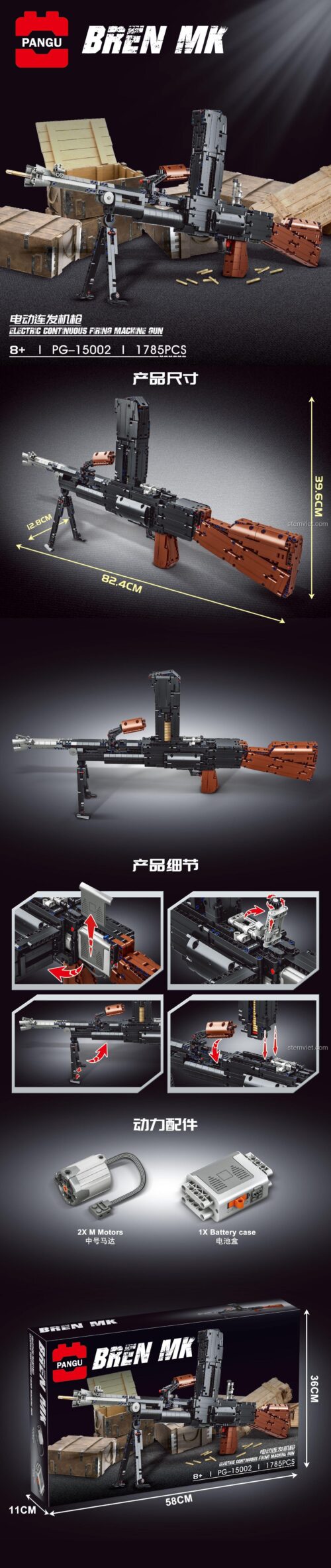 Poster quảng cáo đồ chơi mô hình súng Bren MK PANGU PG15002, thể hiện kích thước, chi tiết và động cơ điện.