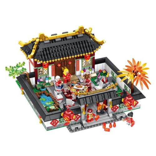 Bộ lắp ghép Bữa cơm tất niên Panlos Brick 610001, mô hình Tứ Hợp Viện với sân trong, nhà chính và 6 minifigures sum vầy. Đồ chơi cho bé gái 6 tuổi.