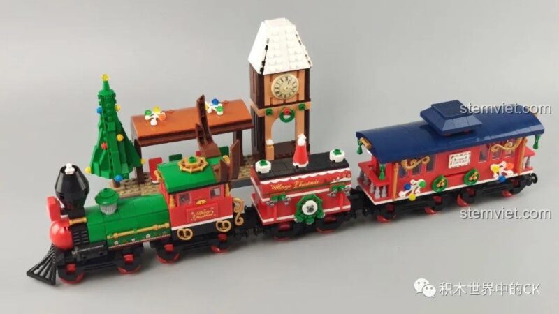 Bộ Lắp Ráp Tàu Hỏa Giáng Sinh Panlos Brick 613005, toàn bộ mô hình tàu hỏa và nhà ga đã hoàn thiện, sẵn sàng cho bé chơi