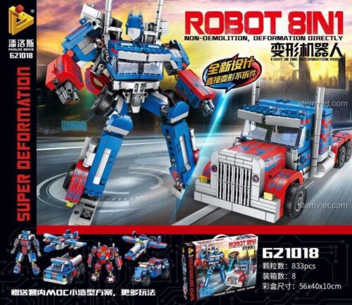 Hộp sản phẩm bộ lắp ráp Panlos Brick 621018 Robot Optimus Prime, với 833 chi tiết, có thể lắp được 8 mô hình khác nhau.