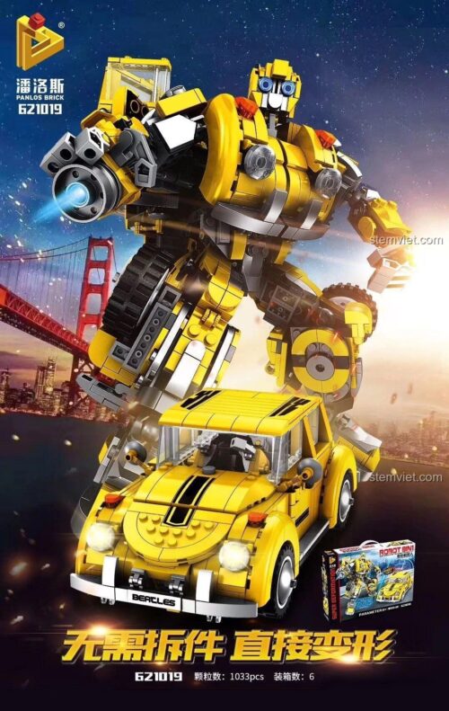 Hộp sản phẩm bộ lắp ráp Panlos Brick 621019 Robot Biến Hình Đại Hoàng Phong 8 trong 1, thể hiện robot và xe Volkswagen Beetle màu vàng, với 1033 mảnh ghép, hứa hẹn khả năng biến hình trực tiếp, đồ chơi chất lượng cao cho bé trai 6 tuổi.