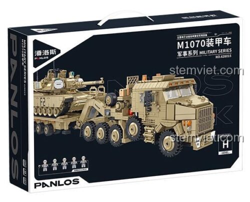 Hình ảnh hộp sản phẩm của bộ xếp hình Panlos Brick 628015, hiển thị Xe Tải Quân Sự M1070 và xe tăng M1A2 Abrams.