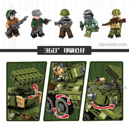 Chi tiết minifigures trong bộ đồ chơi mô hình Xe chiến đấu quân sự Panlos Brick 631007. Các minifigures được in 360 độ, thể hiện rõ trang phục và vũ khí, phù hợp cho bé trai 6 tuổi đam mê đồ chơi quân sự.