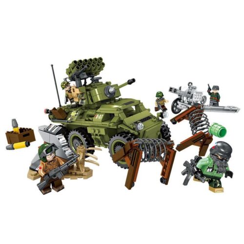 Bộ lắp ráp Xe bọc thép quân sự Panlos Brick 631007 Justice Action: Xé Toạc Phòng Tuyến với xe bọc thép 6 bánh, pháo kéo, hệ thống rocket đa nòng và 5 minifigures lính tinh nhuệ. Đồ chơi mô hình quân sự cho bé trai 6 tuổi, giá tốt.