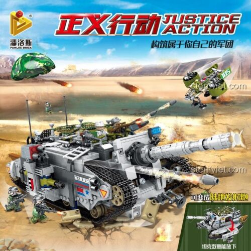 Poster quảng cáo bộ xếp hình 631008 Xe tăng Đức Jagdtiger, nhấn mạnh khả năng biến hình thành pháo mặt đất, đồ chơi mô hình Panlos Brick chất lượng cao.