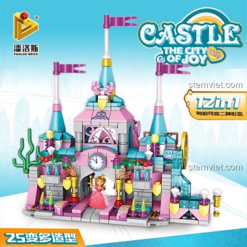 Hộp sản phẩm Panlos Brick 633012 Lâu đài Công chúa Hạnh phúc 12 trong 1, bộ đồ chơi lắp ráp 566 chi tiết, món quà tuyệt vời cho bé gái.