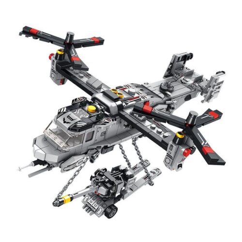 Mô hình lắp ráp máy bay vận tải Osprey Panlos Brick 633022H sau khi hợp thể, đang cẩu một khẩu pháo. Đồ chơi quân sự cho bé trai 6 tuổi giá rẻ.