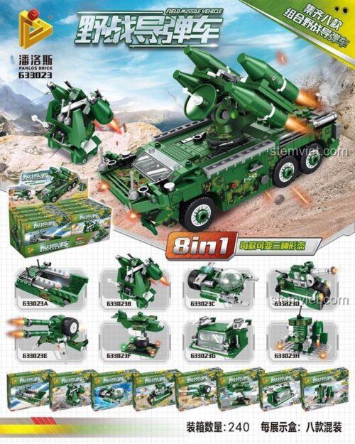Hộp bộ lắp ghép Xe Tên Lửa Phòng Không Panlos Brick 633023, đồ chơi mô hình 8 kiểu kết hợp, phù hợp bé trai 6 tuổi