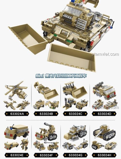 Toàn bộ 8 mẫu xe công binh và robot hợp thể từ bộ đồ chơi xếp hình Panlos Brick 633024. Một lựa chọn tuyệt vời cho con trai.