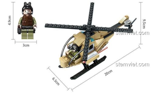 Kích thước mô hình Máy bay quân sự 635004 và minifigure lính, bộ xếp hình Trực thăng chiến đấu Panlos Brick, đồ chơi mô hình giá rẻ.