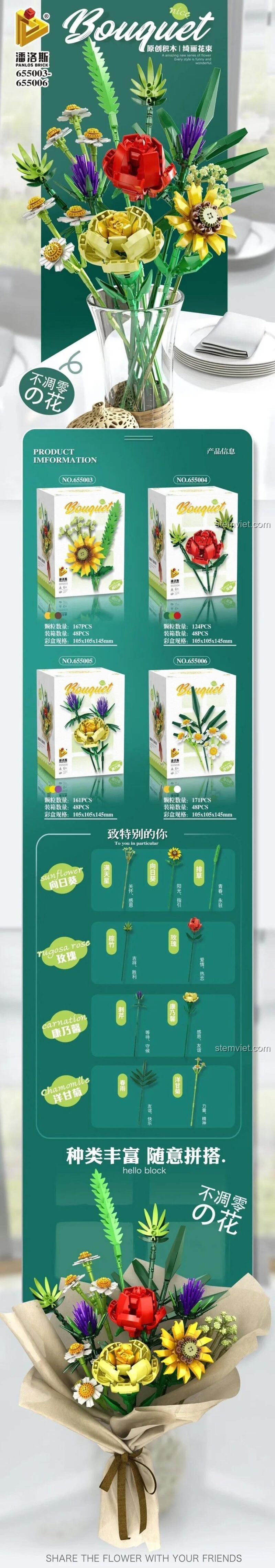 Bộ sưu tập 4 bó hoa lắp ráp Panlos Brick 655003, bao gồm hướng dương, hồng, cẩm chướng, cúc la mã, đồ chơi mô hình hoa không tàn.
